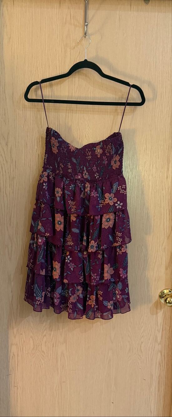 American Eagle Outfitters Small Burgundy Floral Strapless Tiered Mini Dress